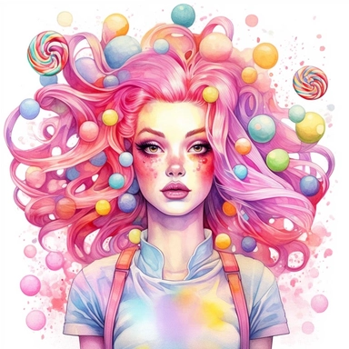 Watercolor gorgeous pink and rainbow haired candy girl Sublimation Clipart,hyper realistic, intricate detail, illustration style,high solution,on the white background