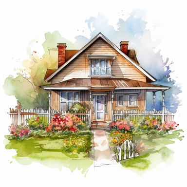 clipart, watercolor, English cottage with front porch and a front-yard full of blooming flowers, lush grass lawn, beautiful illustration, good composition, vector, contour, outlined, isolated white background, unreal engine