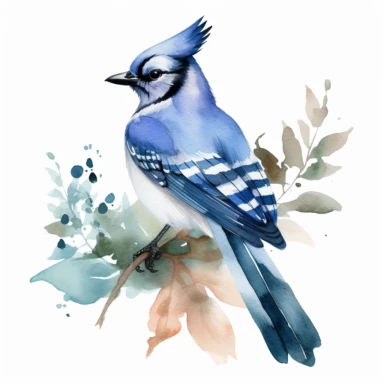 a single watercolor blue jay sitting on a leafy branch clipart, hd, white background, spaced out