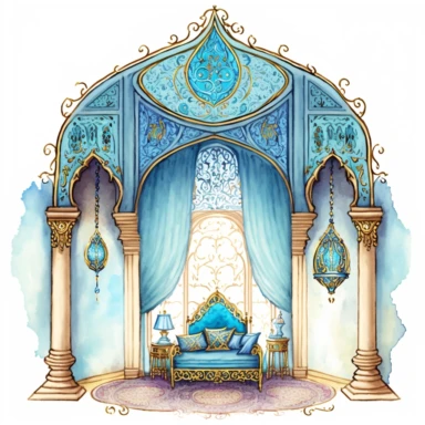 clipart. In this image, we see a stunning depiction of Princess Jasmine's Room in Aladdin Tale Style, rendered in a beautiful Gothic Style with light blue watercolor. The room is portrayed in vivid detail, with intricate patterns and designs that add to its sense of luxury and opulence. The Aladdin Tale Style adds a sense of adventure and wonder to the image, with Princess Jasmine representing a brave and independent heroine who defies convention and fights for her freedom. The Gothic Style adds
