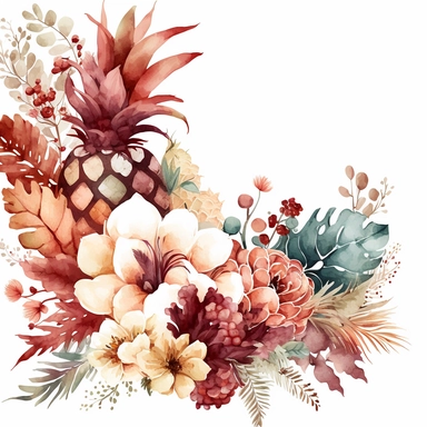 watercolor dusty burgundy floral in the far bottom left corner and far top right coner only, and pineapples in the far bottom left left corner and far up right corner only, clipart, coral, white background, no text