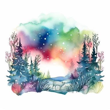 watercolor northern lights over flowers illustration clipart, in the style of use of northern lights tones, intricate storytelling, cool palette, rounded, ephemeral installations, elaborate borders, romanticized depictions of wilderness, clipart, blank white background