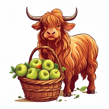 Highland cow with a basket of freshly-picked apples, full body, clip art, detailed, cute, bold, bright, colorful, vector art, clean, neat, white background