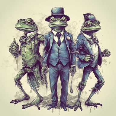a unique and creative high resolution watercolor clipart of a gang of frogs posing with humanoid body