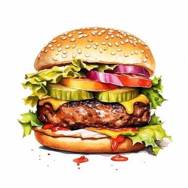 a watercolor, hyper-realistic clipart image with a white background and white margins, showcasing a classic cheeseburger with a juicy beef patty, melted cheese, lettuce, tomatoes, and pickles. The ultra-detailed, hand-drawn elements capture the textures and colors of the burger ingredients. Use bold shades of brown, green, and red to evoke the mouthwatering and indulgent nature of this fast food staple