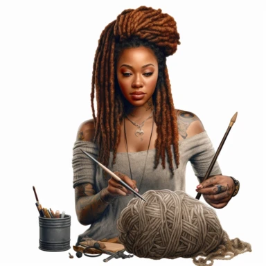 african american woman with midlength dreadlocks and tattoos with yarn surrounding her, holding a crochet hook working on a project hyperrealistic photorealistic clipart logo