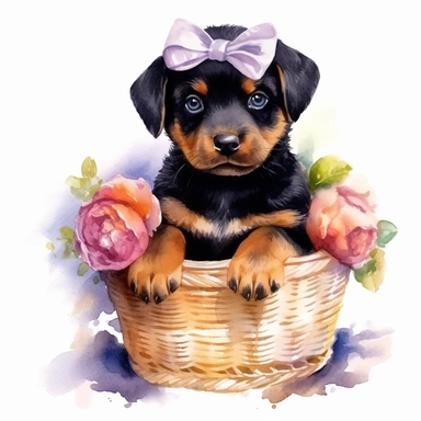 clipart watercolor, very cute Rottweiler puppy, sitting in a basket with flowers, with a bow on his head, full body, childlike, free brushwork, white background, high solution