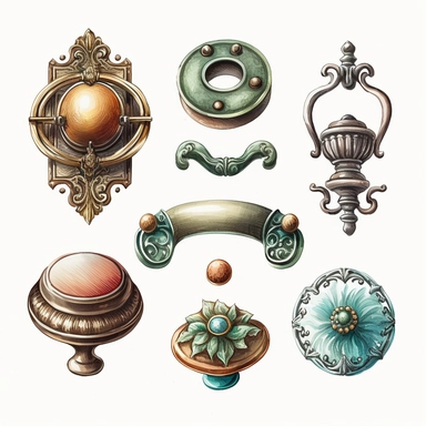 Illustrations of vintage drawer pulls, white background, watercolor, hyperrealism, high detail, isolated elements,clipart