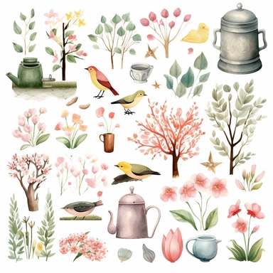 spring clipart pictures, illustrations, stamps, elements, in the style of muted colours, dotted, found objects, pigeoncore, cottagecore, animated gifs, paper cut-outs white space around objects, objects separated in the style of clip art, 2x spaced out, isolated white background s 750