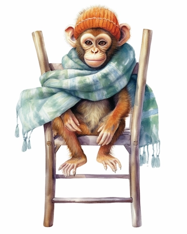 detailed watercolor Baby Monkey on a chair with scarf , hyper realistic, isolated on a white background, clipart