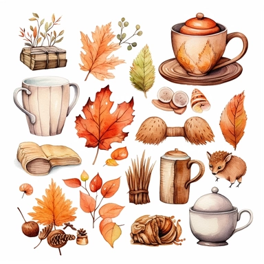 Watercolour illustration separately isolated cozy autumn kit , style by Lucy Fleming, watercolor, smooth gradients, black contour outline, ultra detailed, clipart elements, delicate pastel colors, solid white background, super clear, high quality
