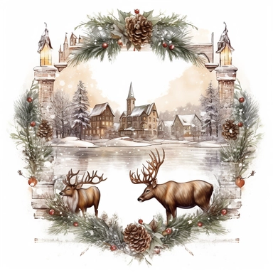 vintage design, advent wreath around, christmas theme with moose oil paining Clipart Collection in beautiful winter landscape with a lot of snow and a small lake and a small town with church, advent wreath around, christmas theme, detailed, isolated, white background, one pattern