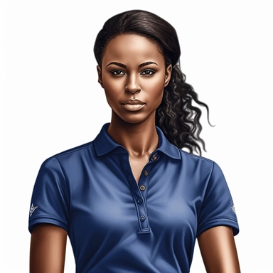 photo-realistic, waist-level view of beautiful, but angry physically fit African American woman, age 25, wearing a very stunning royal blue polo shirt, waist view on white background for vector clipart