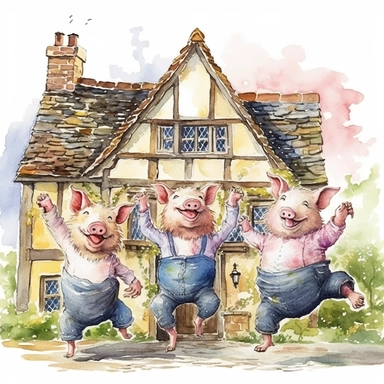 a delightful watercolor clipart image with a white background and white margins, portraying the Three Little Pigs dancing and celebrating their victory in front of their brick house. The ultra-detailed, hand-drawn elements capture the joyful and lively movements of the pigs. Use vibrant shades of various colors to create a visually appealing and festive image that conveys the themes of resilience, triumph, and the power of unity.