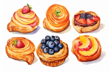 watercolor Danish pastry clipart, hd, white background, spaced out