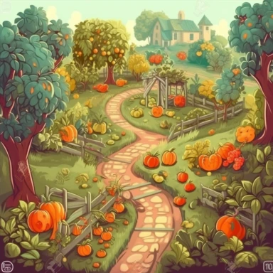 Beautiful splited food forest with tomatos, letuce, pumpkins, cabbage and fruit trees with apples, oranges and bananas, path in the middle, epic, in the style of children book ilustration