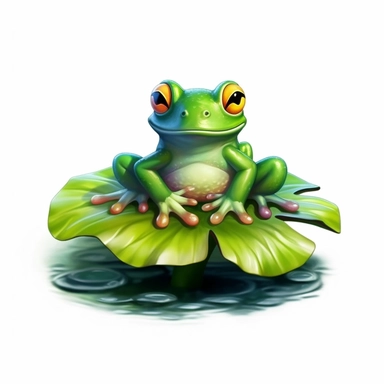 lovely green baby frog on a big water lilly, floral details, clipart, digital painting, light ink, very detailed, very realistic, white background, maximum saturation intense bright colors, very bright mood