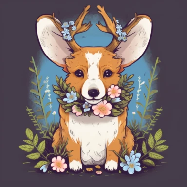 Tshirt vector graphic art of a Corgi dog wearing flower crown, very detailed, flat graphic design, magical, fairycore, plants, vintage colors, rural life, wild flowers, Mushroom, Forest, cottagecore aesthetic, clean lines, sticker, vector image, clipart, white backgound,