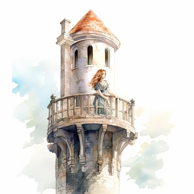 watercolour illustration of the princess on the tower balcony in unicake colors on a white background, realistic, book illustration, neat brush, magic charm, detailed, light contrast, dreamy, clipart, inspiration from 70s animated movies, full-body view, white solid background