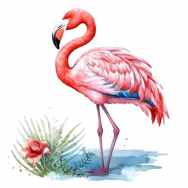 watercolor illustration of a beautiful and cute ping flamingo in nature clipart, in the style of realistic watercolor paintings, realistic, detailed, bright colours, white background, clipart, detailed