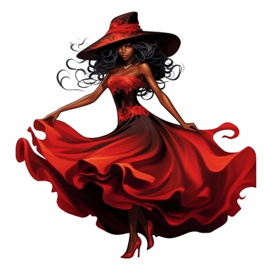 A very attractive black beauty witch in a red dress emphasizing her beautiful figure as a clipart on a white background