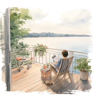 watercolor, hyper realistic, white background, white margins, 16k, ultra detailed clipart, cut out image, hand-drawn, whimsical manhwa style, ultra HD, sharp and clean art cozy balcony with a rocking chair, a small side table, and a few candles, surrounded by greenery, overlooking a peaceful lake.