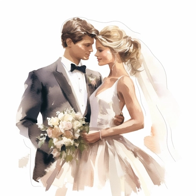 Wedding bride and groom, clipart, white background, in the style of elegant realism, muted and subtle tones, detailed painting, transparency and lightness