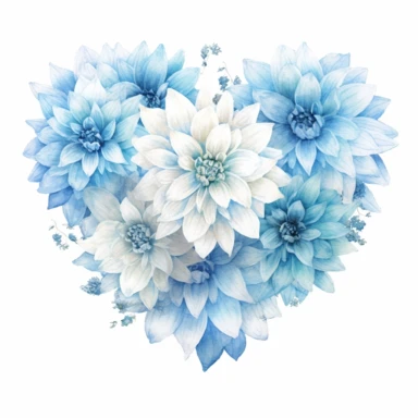 a heart shape made with soft blue and pastel blue Dahlia flowers, wet on dry watercolour style, antique look, clipart, white background