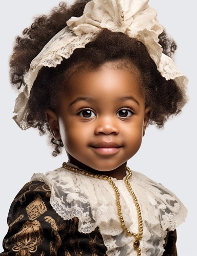 hasselblad 24 mm three quarters shot of a gorgeous african american baby girl in victorian dress, clipart, Composition: Relaxed position with intricate high hairstyle, smiling, detailed natural skin, Style: gothic, white background, hyperrealism, 32k