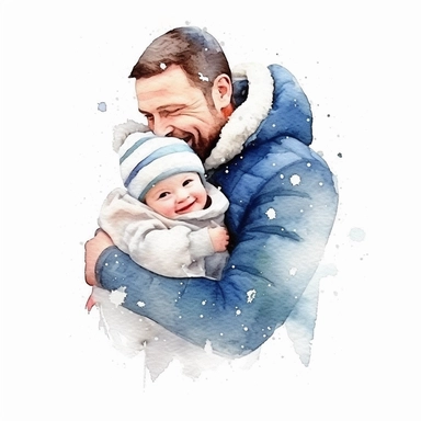 watercolour clipart, father day, father hug with his cute baby, in snow, smile, beautiful, happy, ,realistic, whit background, illustrated
