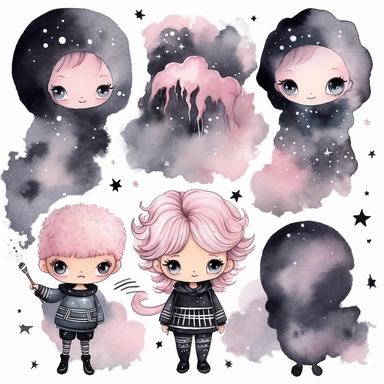 watercolor funny create kawaii marbled black ,silver, pink chibi school spirit clipart, isolated on white background,space out--ar3:2--s1000