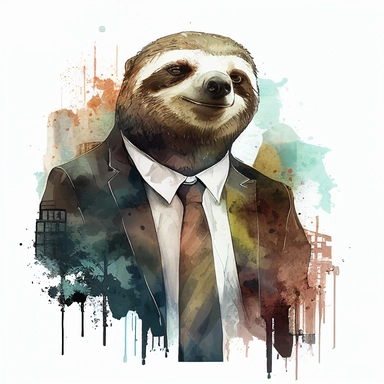 sloth as business man with a satisfied face expression in a business city, expresionist style, watercolor clipart