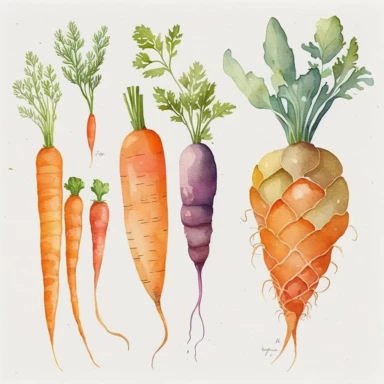 Design a series of watercolor carrot cliparts in various sizes and colors, such as orange, yellow, and purple.