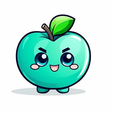 digital sticker, cute teal apple mascot character, strong use of color, cartoon clipart, vector, white background