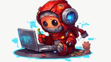 happy robot kid writing computer coding, micro bit, laptop, happy robot kid writing computer coding, clipart, 3D, fantasy, toy, unreal, red, transparent background,16k