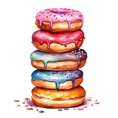 a tempting watercolor painting of a stack of donuts with different flavors and toppings, showcasing their delicious textures and vibrant colors, 8k, HD, watercolor clipart, With white background for removing, no text on image