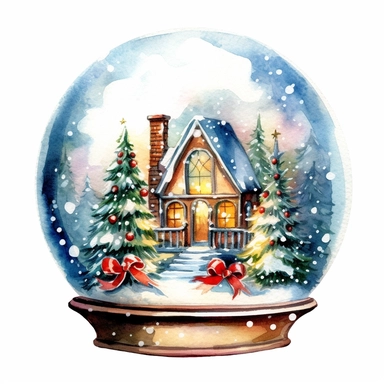 2 watercolour snow globe with an intricate Christmas scene inside, indoors, warm lighting, christmas tree, colourful gifts, children, highly detailed, clipart, happy, white background, spaced out