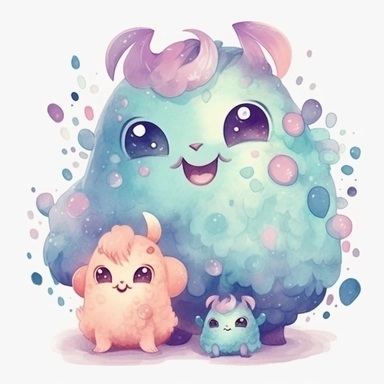 watercolor clipart of an adorable cute monster mom and baby wearing nice clothes, different lateral standing poses, perfect both ears and hands, different colors, a few flowers decor, cute cartoon animal