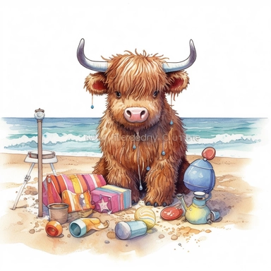 Baby Highland Cow play in the beach with beach toys, highly detailed, cartoon, watercolor, clipart, illustration, white background, digital painting, paper crafting, no signature, no text