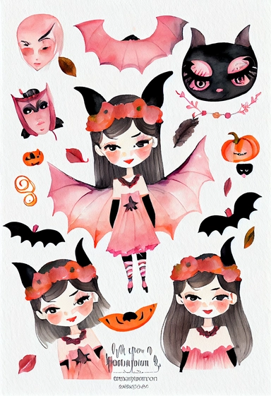 a pretty boho fun art collection on a white background with margins, pink orange and black Halloween girl vampires and bats, watercolor, clipart,