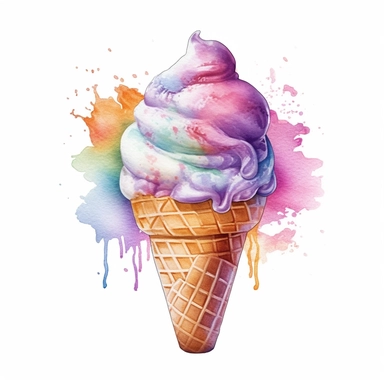 an enchanting watercolor, hyper-realistic clipart image with a white background and white margins, featuring a cone of soft-serve ice cream with a swirl on top. The ultra-detailed, hand-drawn elements capture the creamy texture and vibrant colors of the ice cream. Use whimsical touches to add a sense of delight, and bold shades of various colors to evoke the sweet and refreshing nature of this beloved fast food treat.