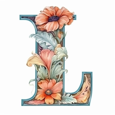 Beautiful Pastel Vintage Flower ' I ' Alphabet Letter  I i, I, I, i, Watercolor and ink Clipart, Cartoon, hyper-realistic, high contrast, intricate detail, illustration style, high solution on the white background