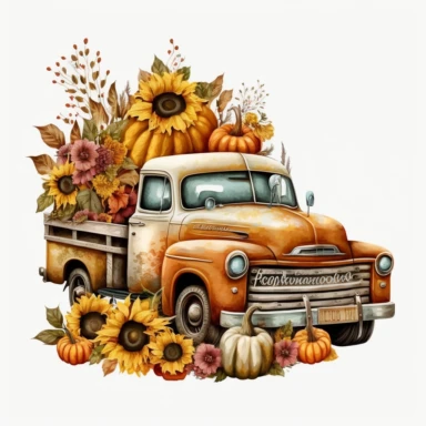 Vintage truck car loading halloween pumpkins, pumpkins and sunflowers, Sublimation Clipart, on a white background
