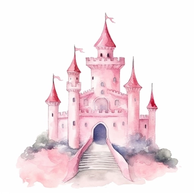 Princess castle clipart, watercolor princess pink fairy kingdom, white background