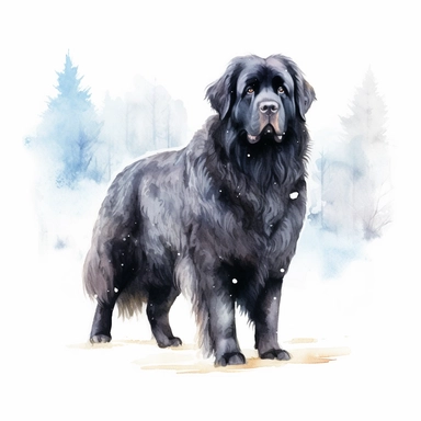 A majestic Newfoundland Dog standing tall amidst a snowy landscape, its powerful frame and fluffy fur contrasting against the wintry backdrop, with a white background and watercolor clipart.