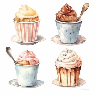 ice cream cup watercolor clipart, white background, neutral muted colors, high quality, hyperrealistic, detailed, vintage, paris, color palette vintage beige and baby blue