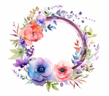 Experience the enchantment of nature with this 3D watercolor clipart featuring a mesmerizing floral wreath against a clean white background. The artwork is skillfully crafted to replicate the fluidity and vibrancy of watercolors, creating a visually striking composition. The clipart exudes a mood of tranquility and beauty, evoking the feeling of strolling through a blooming garden. Against the white background, the vibrant colors and intricate details of the watercolor flowers shine, adding a se