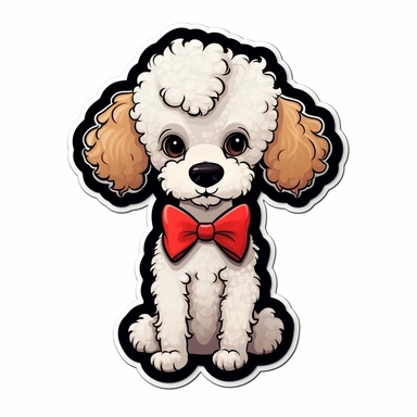 full body poodle dog sticker with bow on head, modern style animated, white background, cute eyes, die cut sticker, no image noise, clipart, no hyper detailed lettering, maximum detail-8k