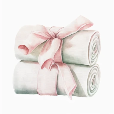 watercolor, Two white massage towels are rolled up and tied to each of them is a pale antique pink ribbon , clipart, white background, realistic, natural colors