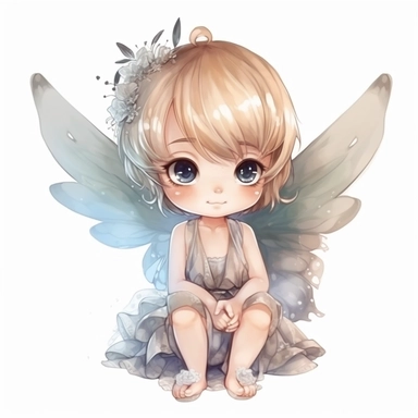 chibi little girl, big eyes, dressed as a fairy with wings on her back, beautiful and happy, she is sitting and head is turned towards camera, very detailed and realistic, watercolor, white background with margins, clipart style